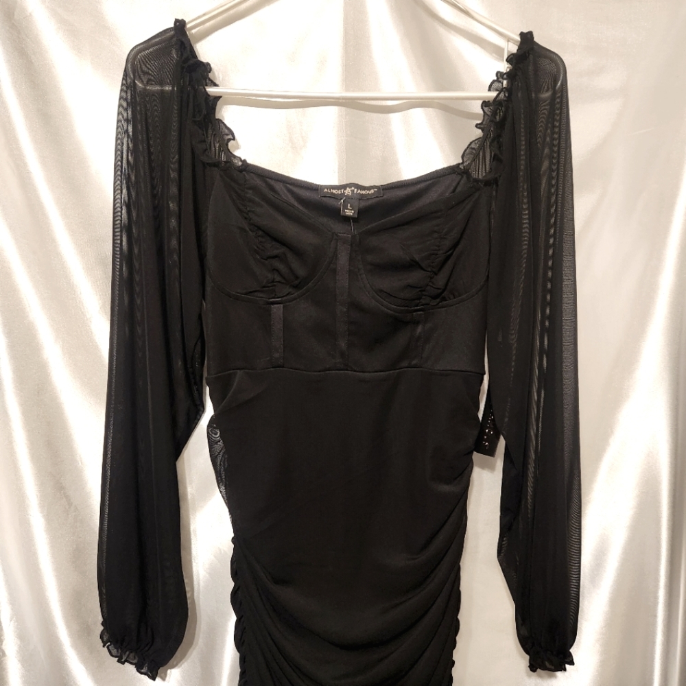 Almost Famous Mesh Ruched Dress | Long Sleeve | Sz L - Picture 3 of 4